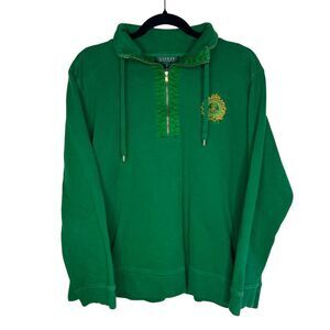 Lauren Ralph Lauren Green Half Zip Hoodie 2X Plus Gold Crest Embroidered Cotton